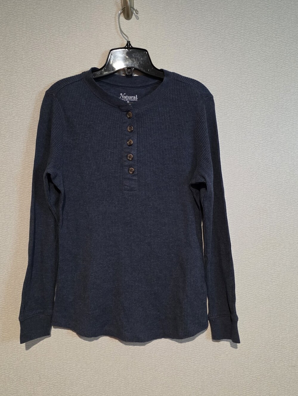 Natural Reflections Waffleknit Long Sleeve Button Front Shirt Blue Medium